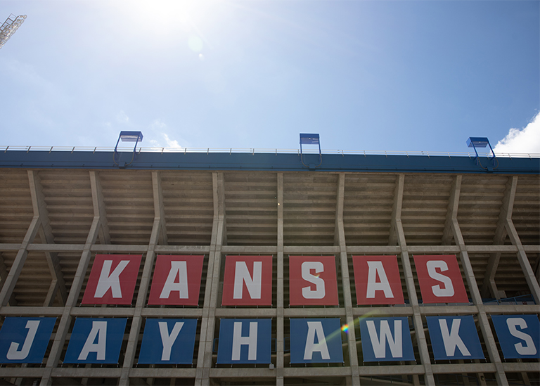Memorial Stadium banners reading 'Kansas Jayhawks'